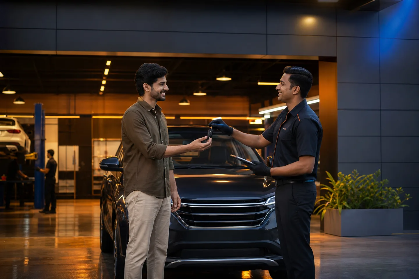 Carwell service advisor welcoming a local Wave City customer
